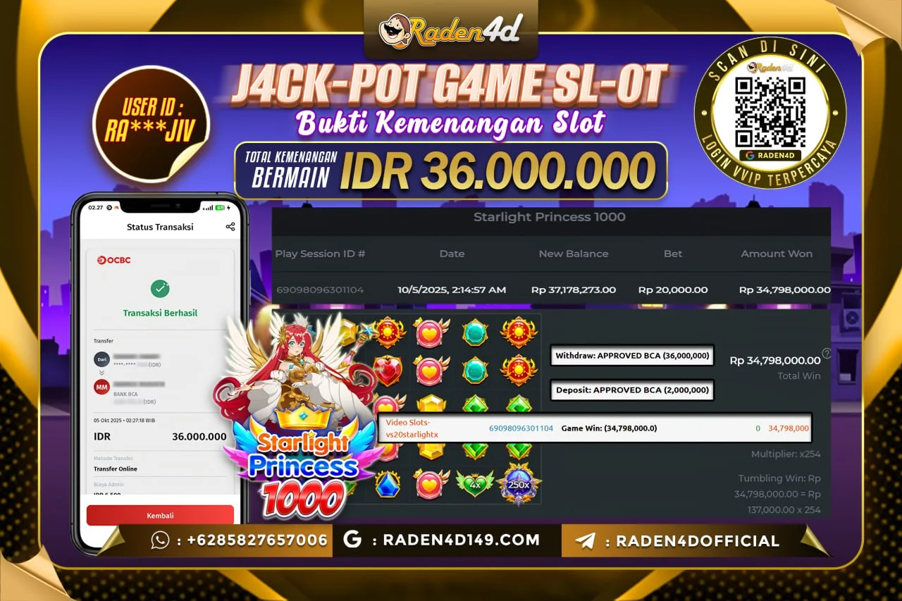 RADEN4D JACKPOT SLOT STARLIGHT PRINCESS 1000 Rp. 36.000.000 LUNAS